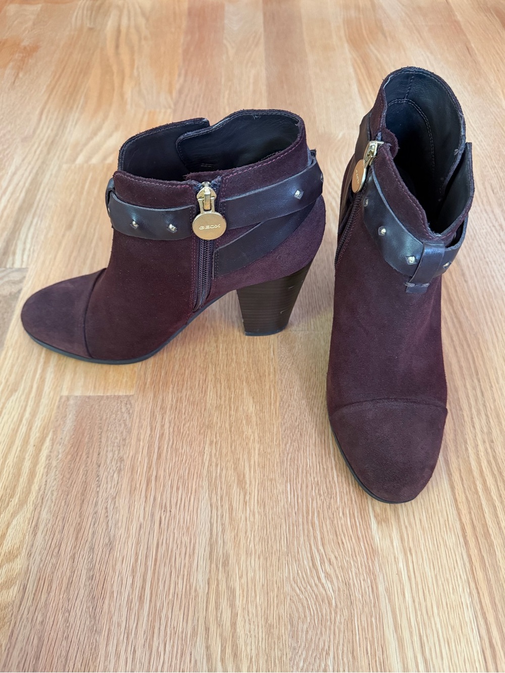 GEOX Respira Suede Studded Strap Ankle Boots - Deep Plum leather